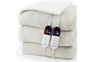 blunique Heated Blanket Electric Blanket Queen Waffle, 84x90 Inches Dual Controllers Sherpa Fleece Fast Heating Blanket 6 Heating Levels & 10 Hours Auto Off ETL Certification,Beige Queen
