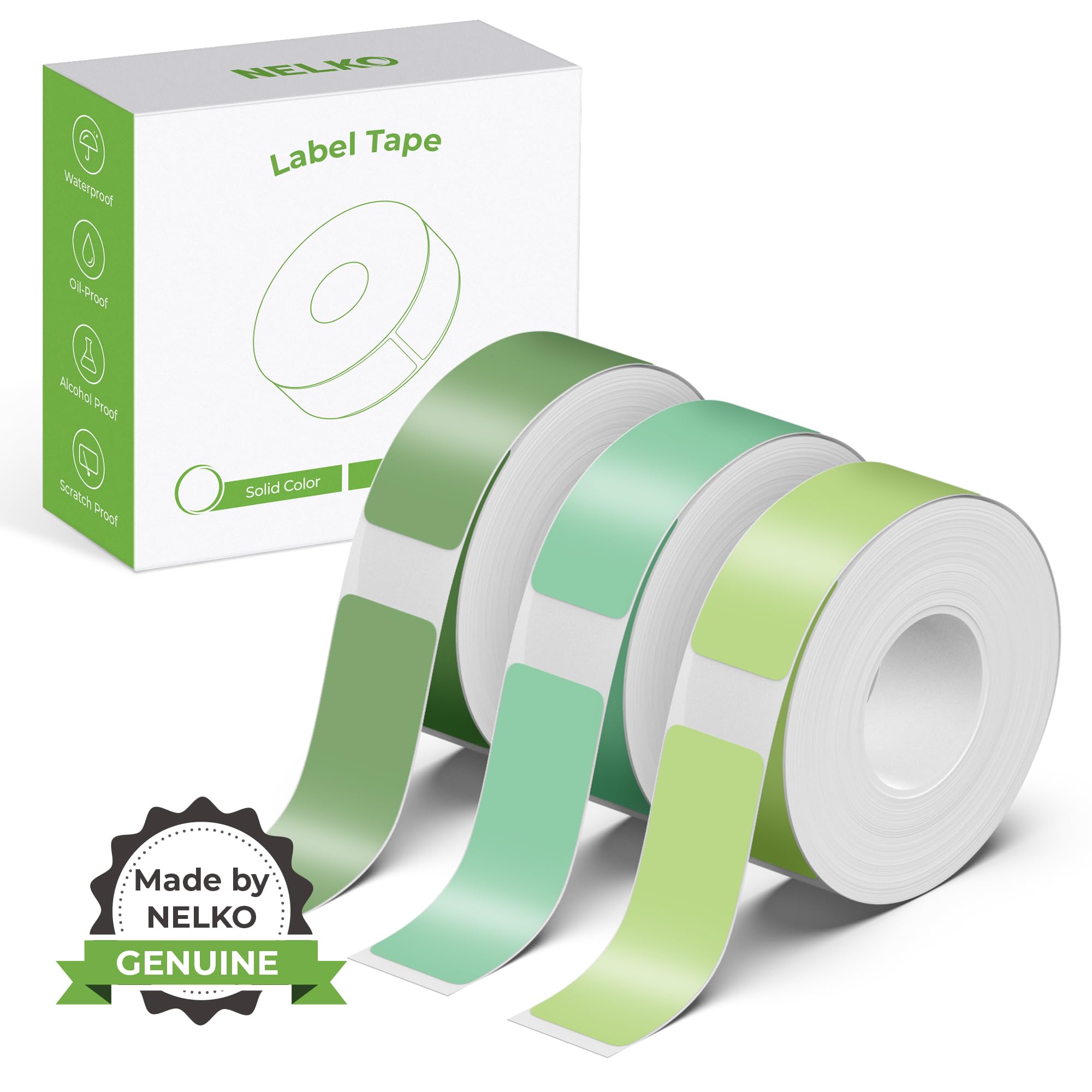NELKO Genuine P21 Label Maker Tape, Adapted Label Print Paper, 14x40mm (0.55"x1.57"), Standard Laminated Labeling Replacement, Multipurpose, 180 Tapes/Roll, 3-Roll, Light Green/Dark Green
