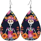 Dia De Los Muertos Mexican Day Skull Faux Leather Teardrop Earrings for Women Drop Dangle Earrings Gift