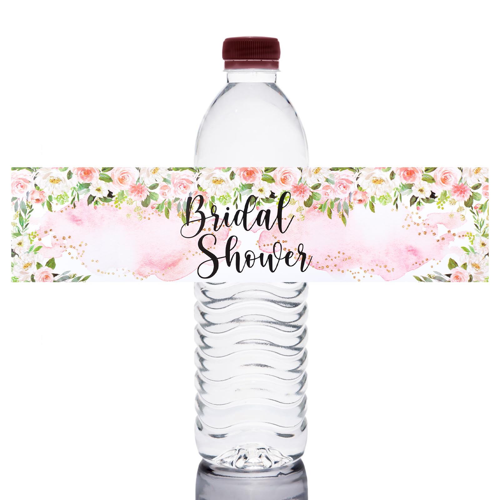 URROMA 50 Pcs Wedding Bridal Shower Bottle Wraps, Paper Water Bottle Labels for Wedding Bride Water Bottle Stickers Pink Flowers Bridal Shower Water Bottle Labels