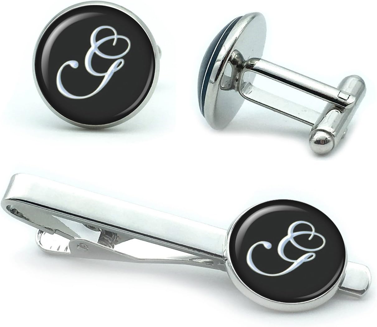 Mens' Personalized Initial Set of Cufflinks and Tie Clip Silver Suit Letter Cuff Link with Giftbox A-Z