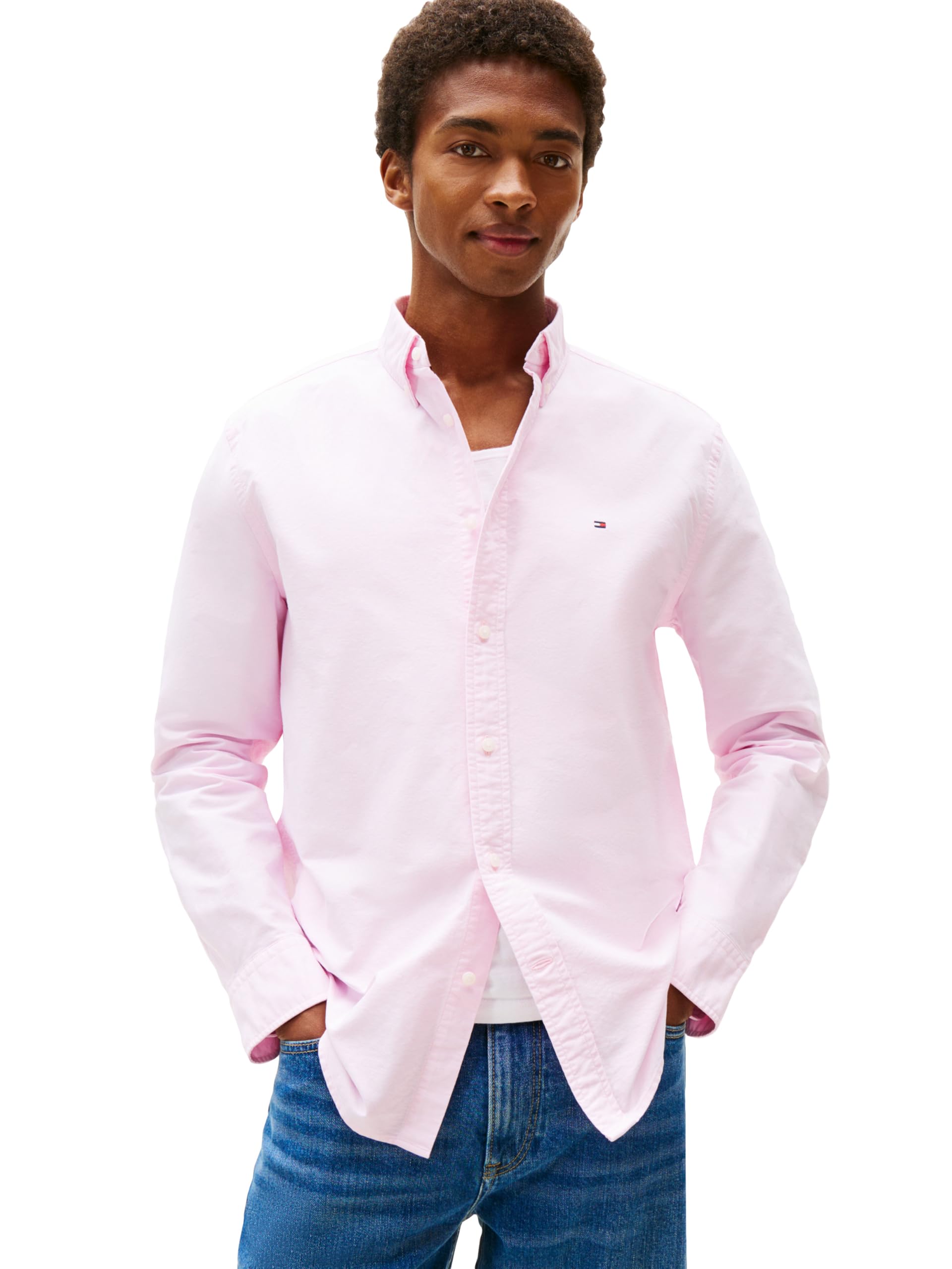 Tommy Hilfiger Men's Heritage Oxford Solid Regular Long Sleeve Shirts, Rose Petal X-Large Image