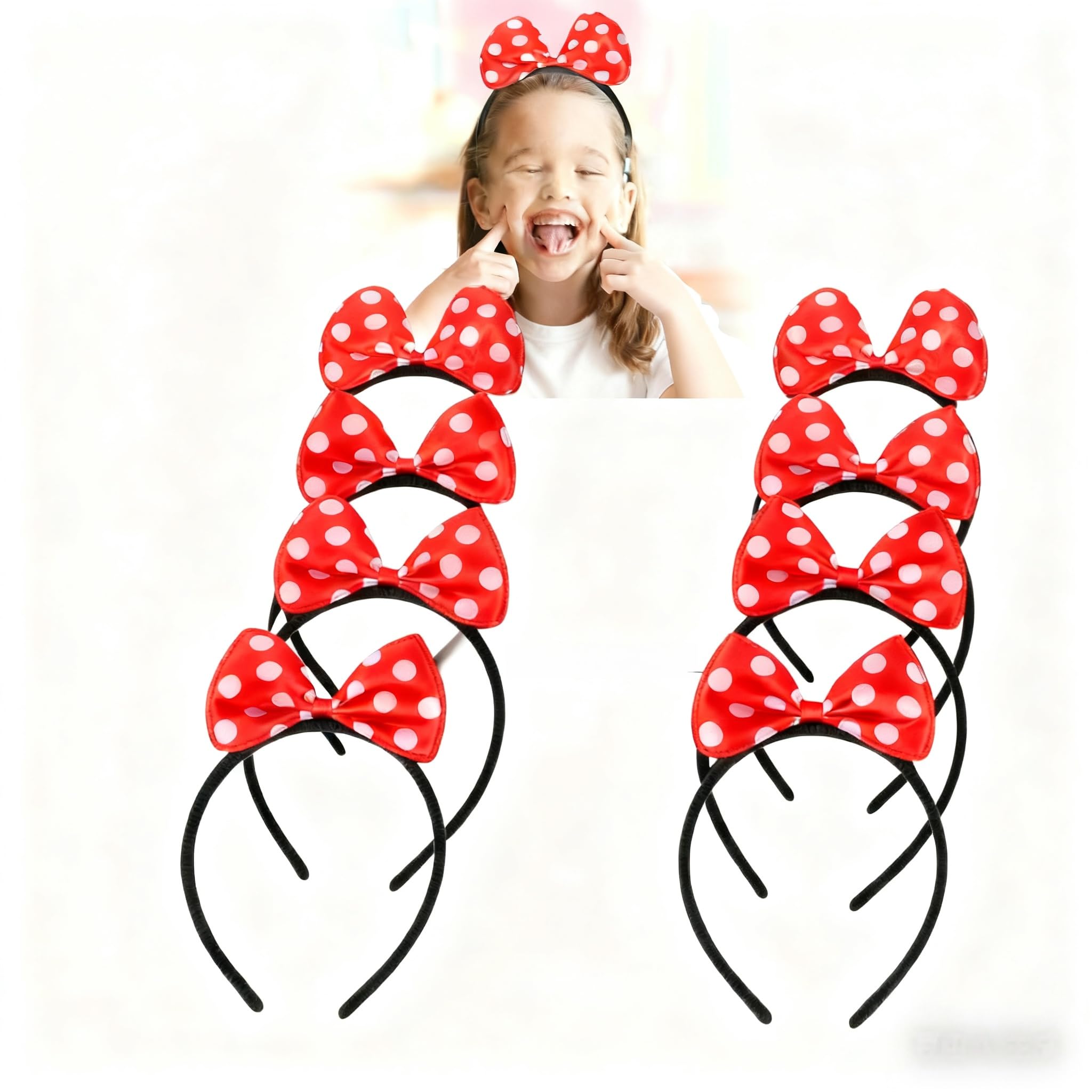 Mprocen 6PCS Black Mouse Ear Headband Set with Red and White Polka Dot Bow Unisex Party Accessory Costume Birthday Decor Gift