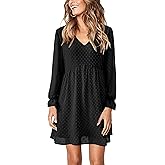 KIRUNDO Womens Dresses 2024 Spring Summer Long Sleeve Mini Dress V Neck Flowy Casual Swiss Dot Loose Babydoll Dress