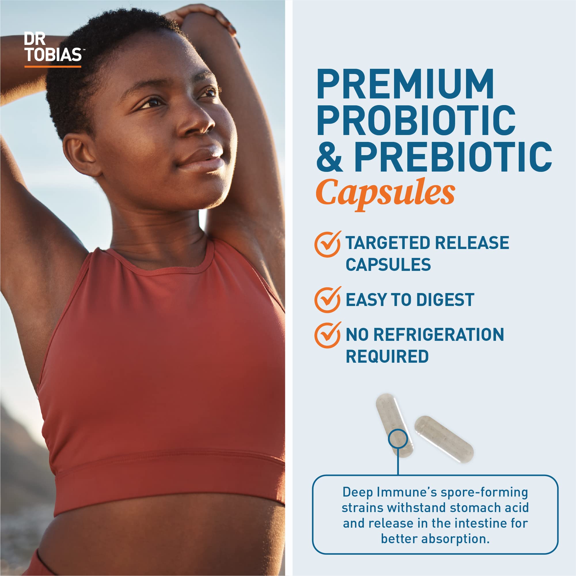 Dr. Tobias Deep Immune Probiotics & Prebiotics, Dual Action Digestion & Immune Support with PreforPro Prebiotics & Delayed Release Spore Forming Probiotics for Women & Men, 60 Capsules, 30 Servings
