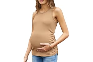 FMEYOA Women's Maternity Tank Tops Summer Sleeveless Crew Neck Ribbed Knit Slim Fitted Blouse Side Ruched Pregnancy Shirts