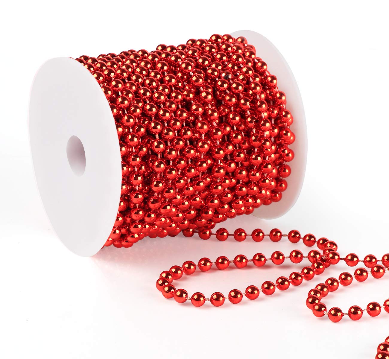 Anstore 15M Christmas Beads Chain Red,1 Roll Christmas Tree Decoration Chain Pearl Garland String,6mm Red Xmas Chain, Bead Garlands for Xmas Wedding Decorations