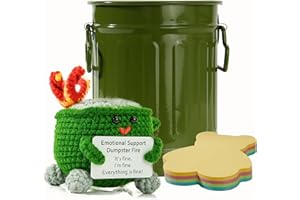 Sprmgisle Metal Trash Can Pencil Holder with Tiny Emotional Support Crochet Raccoon Plush(Green)