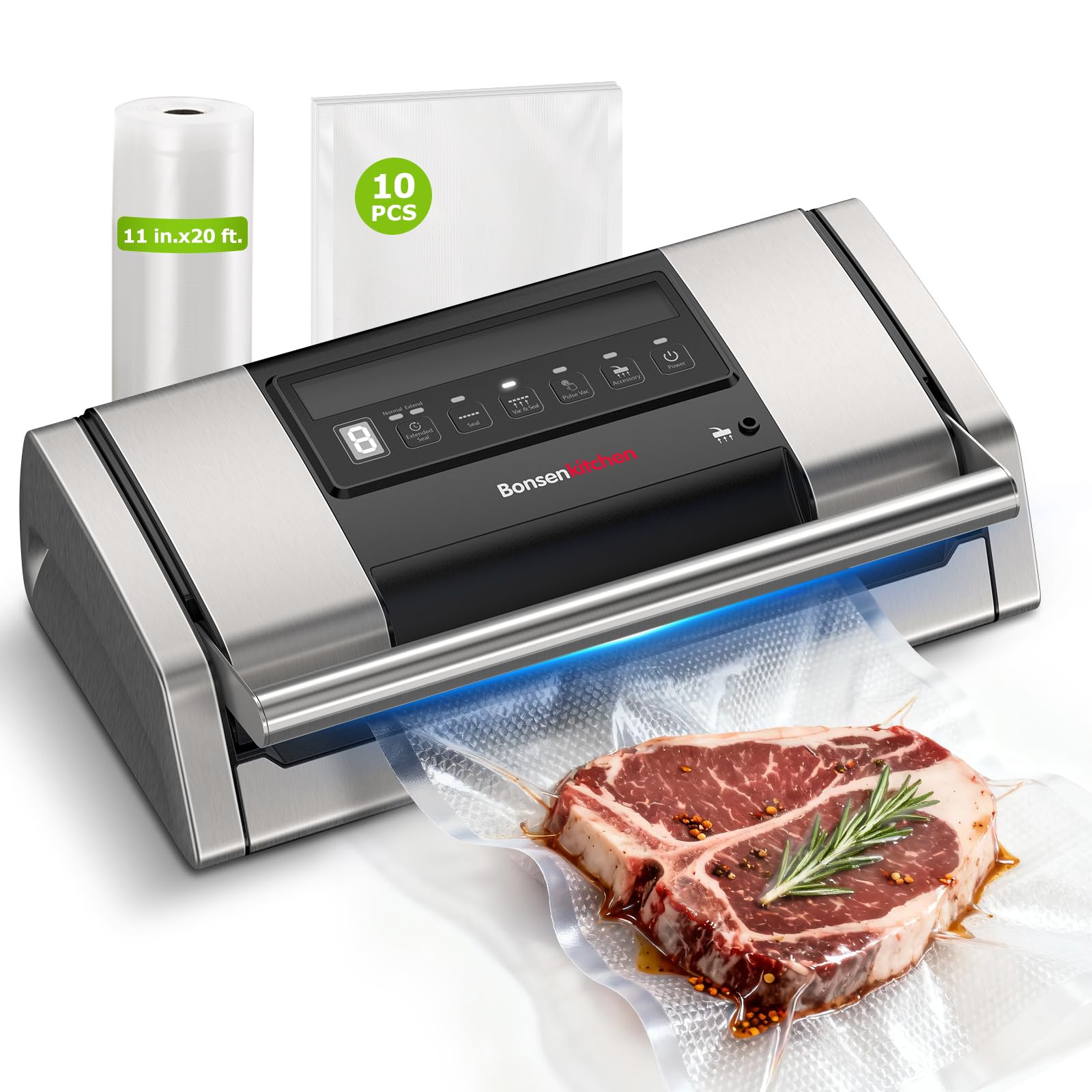 Bonsenkitchen Vacuum Sealer for Food, Easy-Lock Handle Vacuum Sealer Machine with Bag Clip, Built-in Cutter and Bag Storage for Sous Vide and Meal Prep, 1 Roll Bag & 10 Pre-Cut Bags, Silver Image Bonsenkitchen Vacuum Sealer for Food, Easy-Lock Handle Vacuum Sealer Machine with Bag Clip, Built-in Cutter and Bag Storage for Sous Vide and Meal Prep, 1 Roll Bag & 10 Pre-Cut Bags, Silver Image