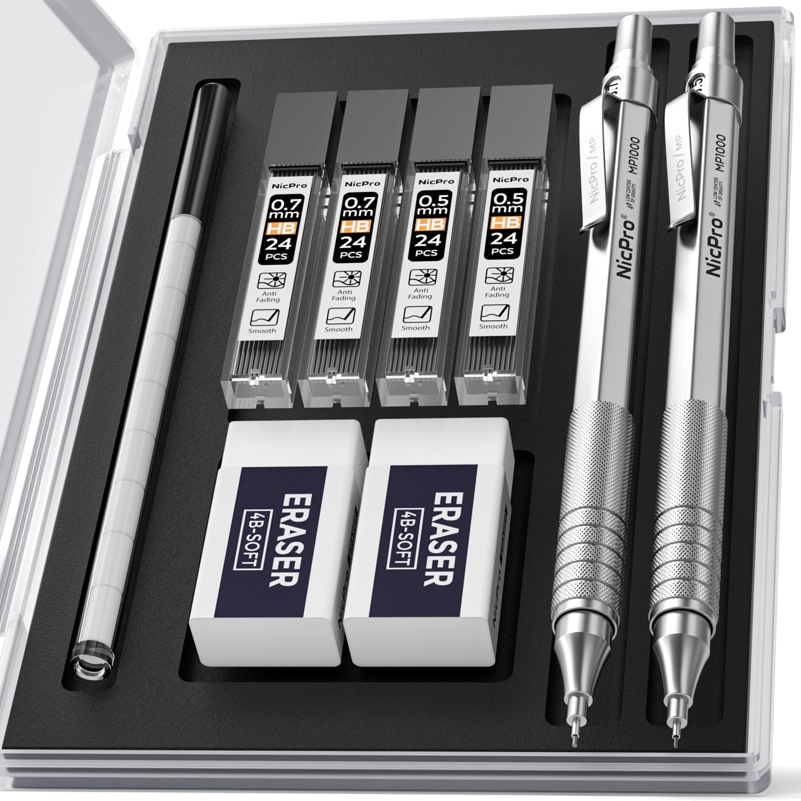 Nicpro 2 PCS Mechanical Pencil 0.5mm & 0.7 mm with Case, MP1000 Metal Artist Pencil Set with 4 Tubes HB Lead Refills, 2 Erasers, 9 Eraser Refills For Art Writing Drafting, Drawing, Sketch, Silver