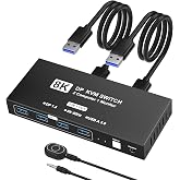 8K@60Hz DisplayPort KVM Switch 1 Monitors 2 Computers, USB KVM Switches with 4 USB 3.0 Ports Sharing Keyboard Mouse Printer, Display Port Switch 2 in 1 Out, Monitors Switcher for 2 Computers