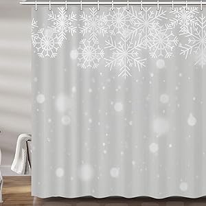 DYNH Christmas Background Shower Curtain Set, Winter White Silver Snowflake Xmas Premium Fabric Bath Curtains, Bathroom Accessories Decor with 12 Hooks, 69X70Inches