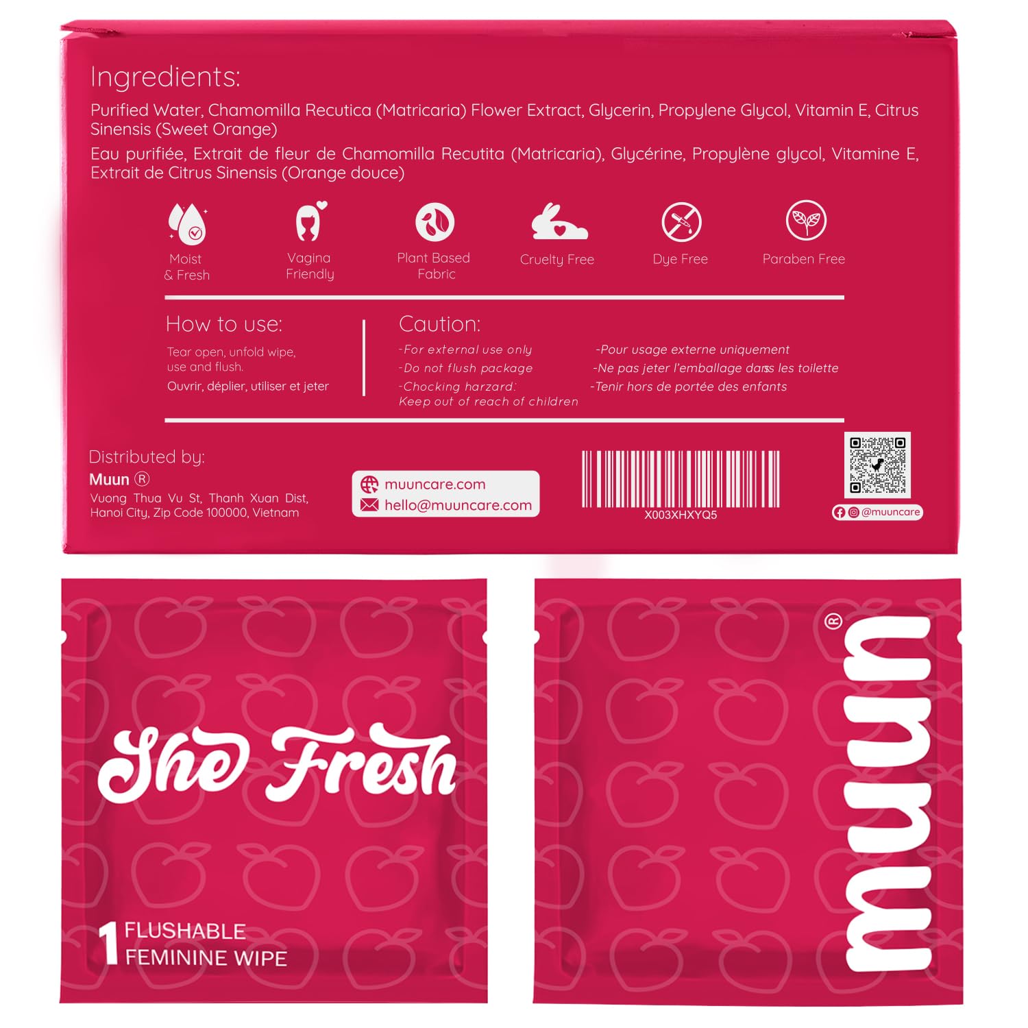 Muun Feminine Wipes Flushable - 50 Counts Individual Vaginal Wipes Ph Balance, Anti Itch Deodorant Hygiene Wrapped Personal Cleansing, Wet Wipes for Intimate, Butt