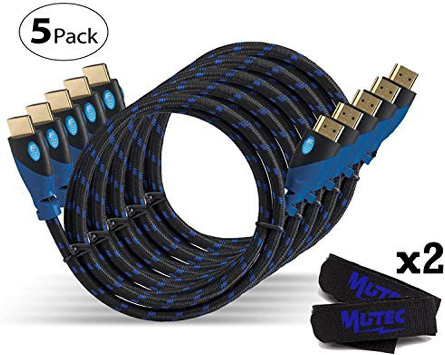 MutecPower PREMIUM Pack of 5 HDMI cables + 2 cable ties - 2 meter - Blue braided - 5 pack 2M, 2 meter - 5 Pack