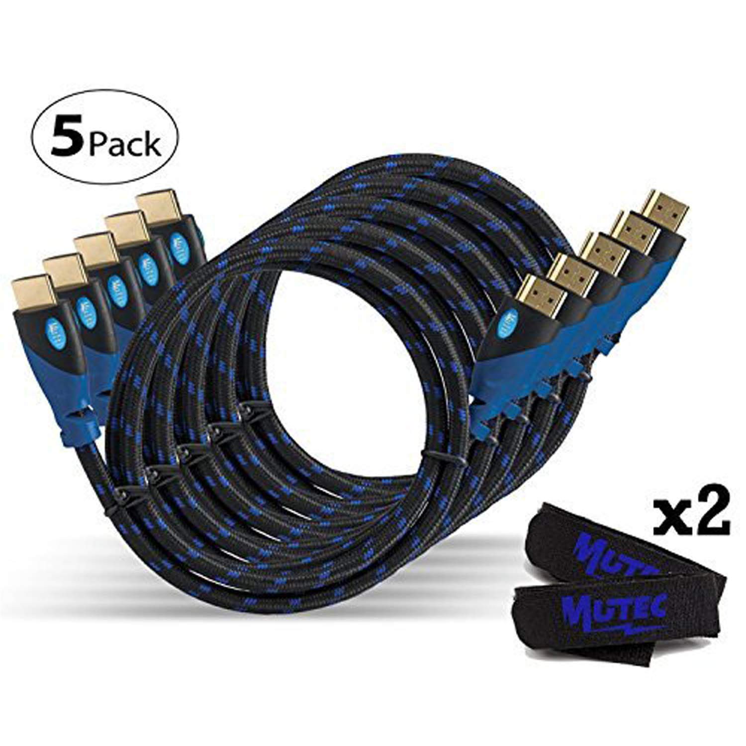 MutecPower PREMIUM Pack of 5 HDMI cables + 2 cable ties - 2 meter - Blue braided - 5 pack 2M
