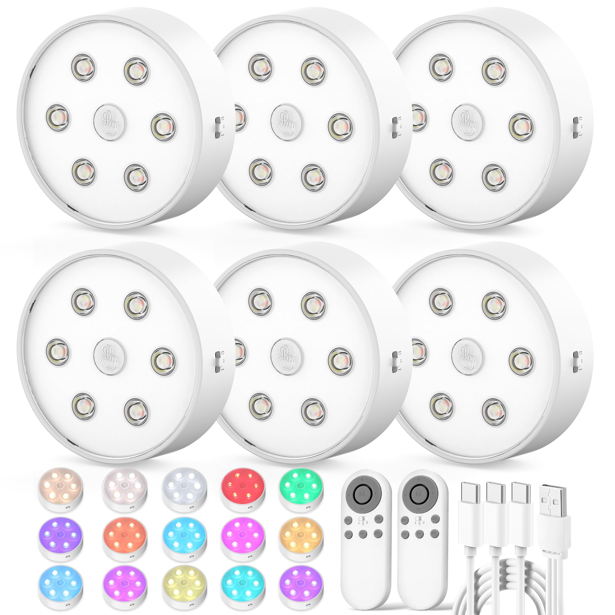 Onumii Rechargeable Puck Lights With Remote – 6 Pack Color Changing LED Lights – Magnetic Under Cabinet Lighting