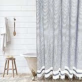 HALL & PERRY Modern Farmhouse Tassel Shower Curtain 100% Cotton Striped Fabric Shower Curtain with Tassels for Bathroom Décor (Chambray 2, 72"x72")