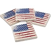 Infusion USA Flag Travertine Coasters – 4x4” Rustic Stone Coaster Set of 4 with Non-Slip Cork Backing – American Flag (American Flag)
