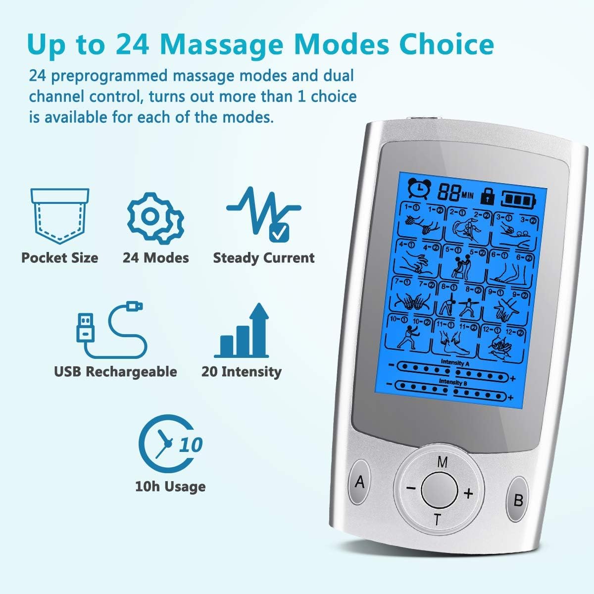 SPACEREST TENS Unit 24 Modes Rechargeable Muscle Stimulator, Electronic Pulse Massager with 16 Electrode Pads Dual Channel Tens Unit: Health & Personal Care