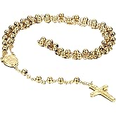 Flongo Mens Women Vintage Stainless Steel 6mm Beads Gold Jesus Christ Crucifix Cross Rosary Pendant Necklace, 30 inch