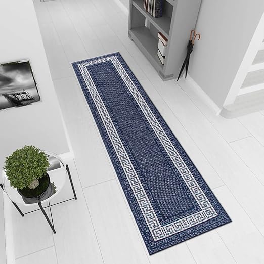 Navy Runner Rug Non Slip Greek Key Border Style Long Hall Hallway