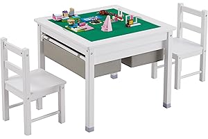 Onirw 3 in 1 Kids Table and Chairs Set with Storage Drawers, Wooden Toddler Construction Play Table with Detachable Blocks and Blackboard Tabletop, Compatible with Lego and Duplo Bricks (White)