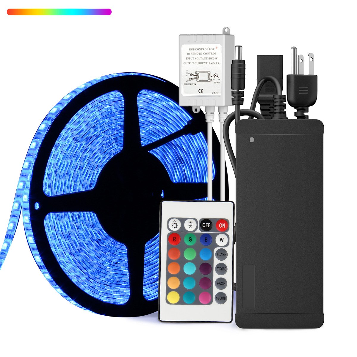 SUPERNIGHT 32.8ft 10M Waterproof Flexible Strip 600leds Color Changing RGB SMD5050 LED Light Strip Kit RGB 5M +24Key Remote+24V 5A Power Supply