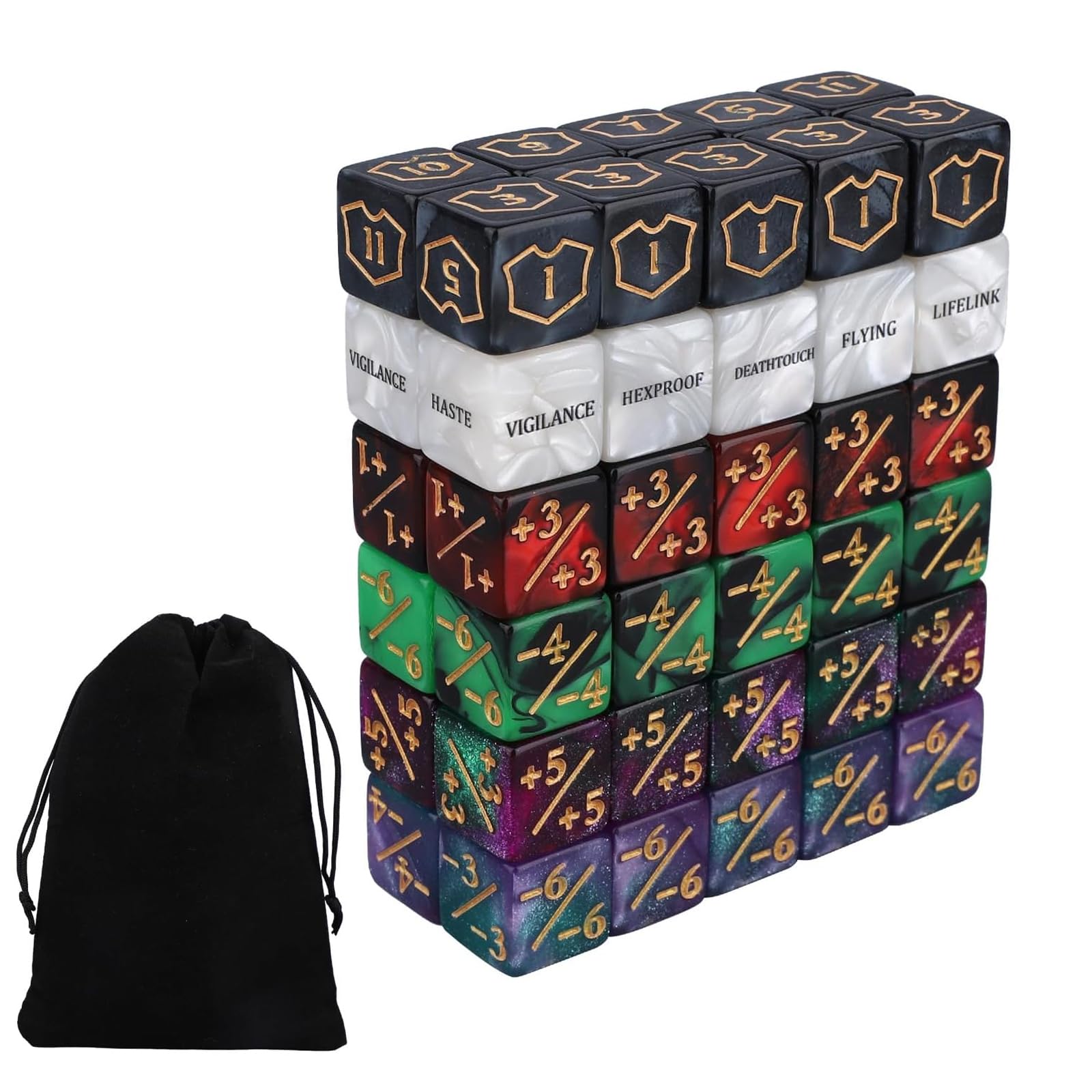 MTG Dice Counters 60 Pack – 16 mm D6 Keyword Ability Dice & +1-1 Buff Counters – Commander Life Loyalty Tracking Dice Set for MTG TCG Card Games
