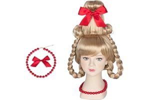 Yan Dream Christmas Girls Wig Long Blonde Braided Wig with Red Bow and Necklace Cosplay Party Wig