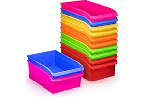 Zilpoo 12 Pack - Large Plastic Book Bins for Classroom with Pull Out Wheels. Library Shelf Storage Organizer Boxes, Bulk Teacher Supplies Toy Baskets, Colored