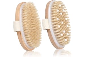 BEALIHELP 2 Pack Dry Brushing Body Brush, Natural Bristle Exfoliating Brush with Massage Nodes, for Lymphatic Drainage and Improving Skin Health and Reduces Acne