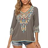 Higustar Mexican Tops for Women Embroidered Shirts Bohemian Hippie Clothes Tunic Fiesta Plus Size Boho Peasant Blouses