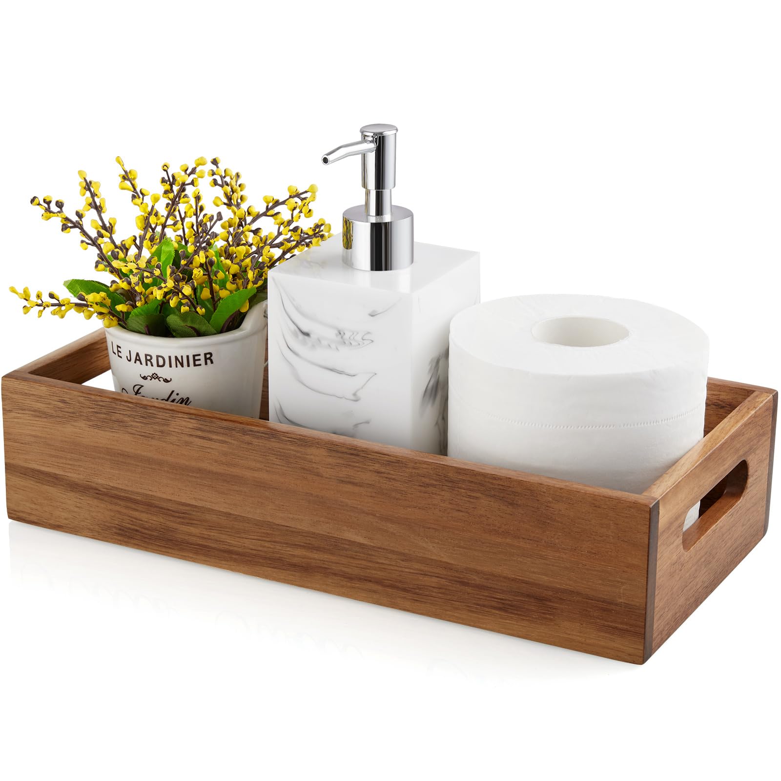 Photo 1 of ALELION Acacia Wood Bathroom Storage Basket for Organizing - Toilet Paper Basket with Handle for Back of Toilet Tank Top Topper - Small Narrow Baskets for Kitchen Pantry Garage Laundry Room Storage