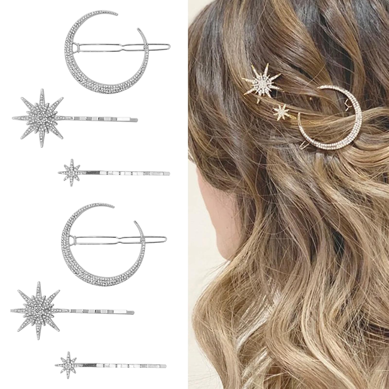 Photo 1 of 6 Pieces Rhinestone Stars Moon Hair Clips Vintage Star Hairpins Crystal Decorative Bobby Pins Metal Alloy Hair Pins Snowflake Side Clip Hair Accessories for Women Girls (Silver)
