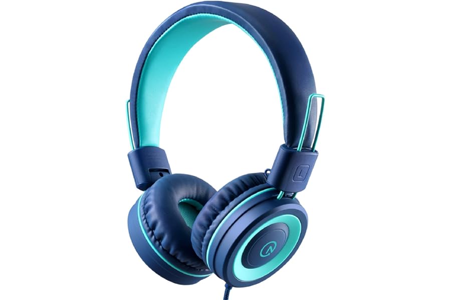 Kids Headphones - noot products K11 Foldable Stereo Tangle-Free 3.5mm Jack Wired Cord On-Ear Headset for Children/Teens/Boys/Girls/Smartphones/School/Kindle/Airplane Travel/Plane/Tablet (Navy/Teal)