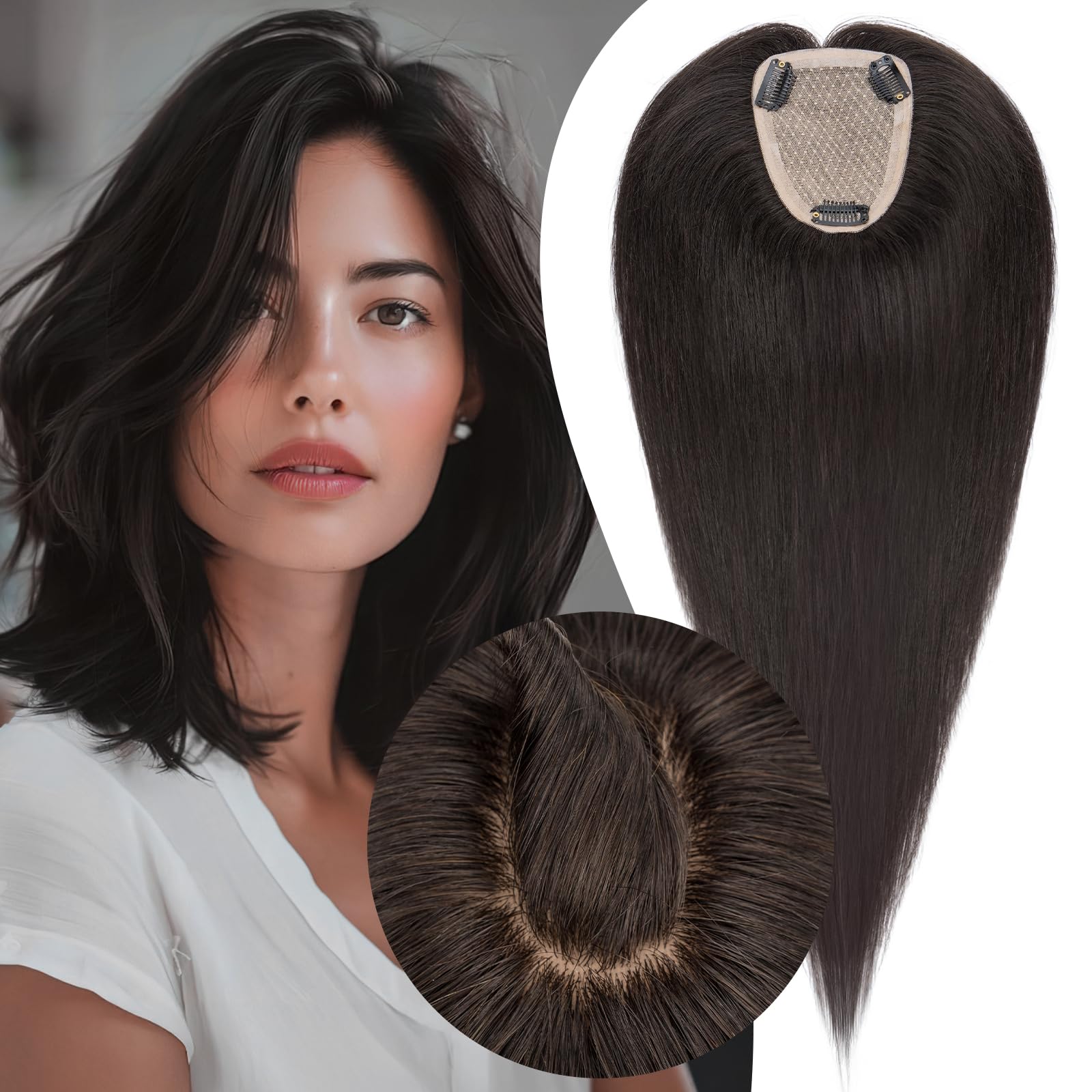 Photo 1 of S-noilite Hair Toppers for Women Real Human Hair, Human Hair Toppers,100% Real Hair Toppers,3.5"*4.7" Handmade Nature-mimicking Scalp Lace Base 16” Natural Black