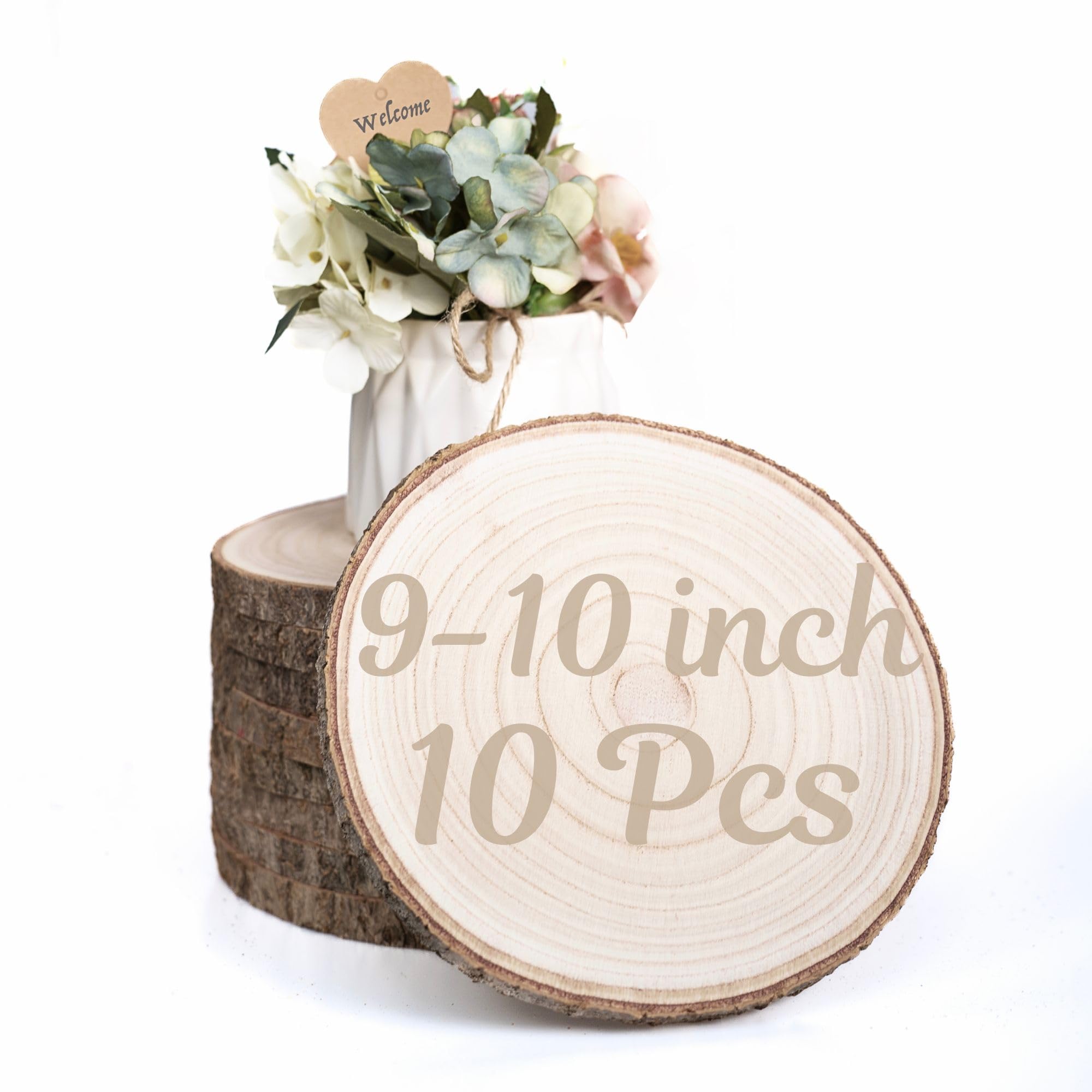 Photo 1 of 10 Pack Wood Centerpieces for Tables Natural Round Wood Slices for Rustic Wedding Decor and Table Decorations Unfinished Wooden Rounds (9–10 inch)