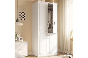 MEISSALIVVE Armoire Wardrobe Closet with 4 Door, 74.8" Large Wardrobe Cabinet with Hanging Rod, Freestanding Modern Bedroom Armoire Storage Cabinet, White