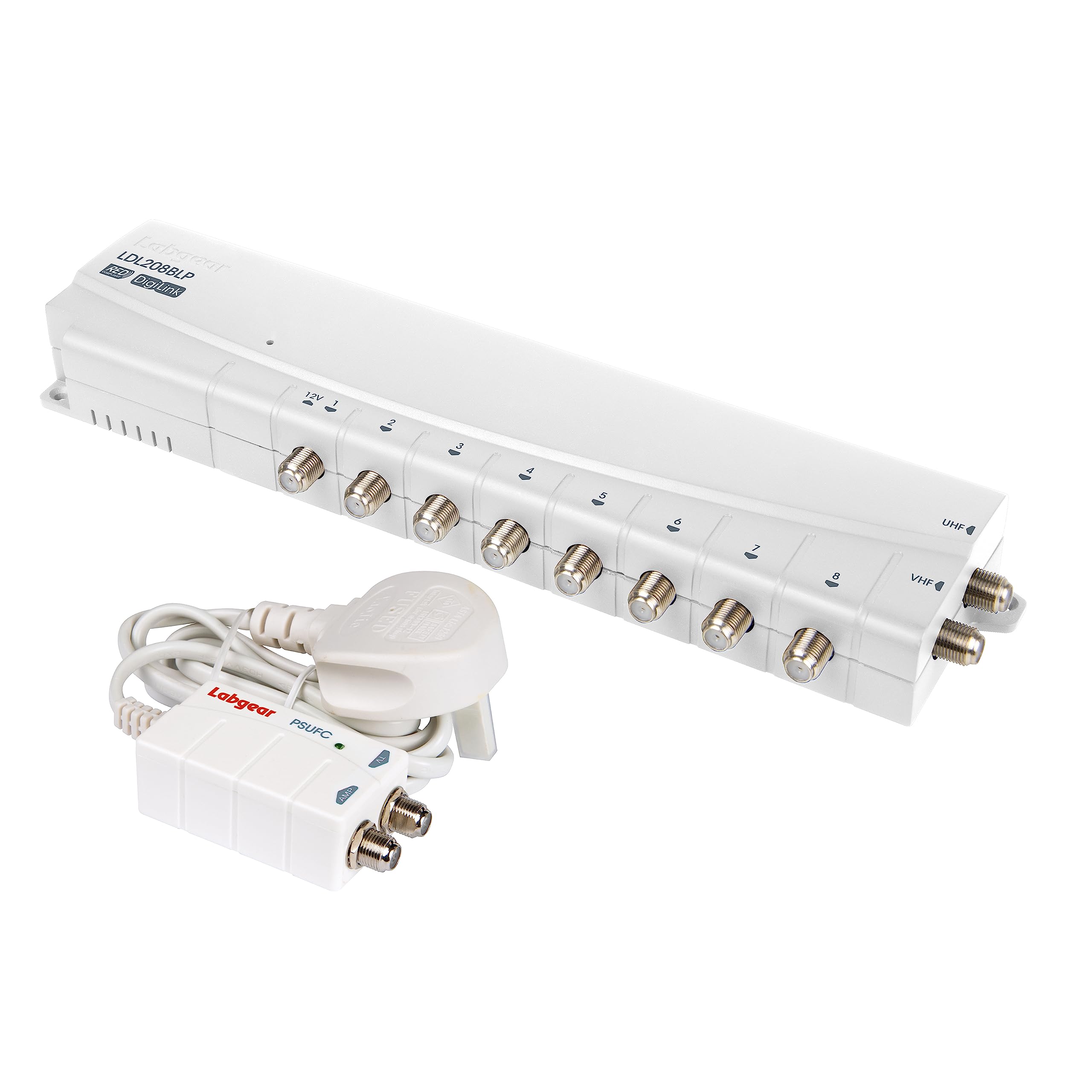 TV & Radio Signal Booster Aerial Amplifier, Labgear 8 Way 12V DC Line Powered Signal Distribution Amplifier with F-Type Connections, Professional Booster with IR Bypass