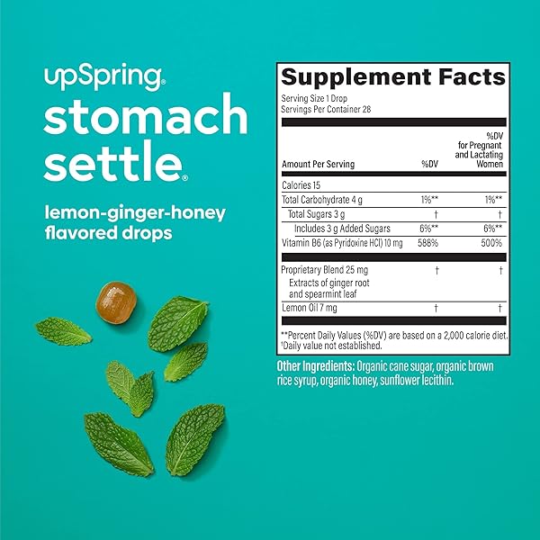 UPSPRING STOMACH SETTLE DROPS FOR OCCASIONAL NAUSEA RELIEF/UPSET STOMACH WITH GINGER, LEMON, SPEARMINT, AND B6. MINT FLAVOR DROPS, 28 CT(PACKAGING MAY VARY)