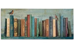 Stupell Industries Books and Birds Green Blue Textured Painting, Design by Main Line Studio Wall Art, 20x48, Canvas