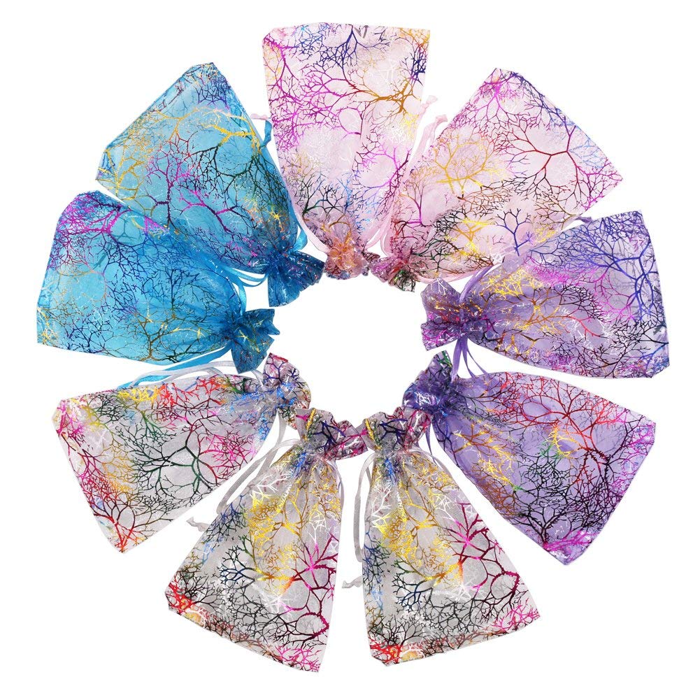 SumDirect 100Pcs Mixed Color Coral Pattern Organza Bags Wedding Party Gift Favor Bag Jewelry Pouches for Christmas,Baby Shower (13x18cm)…