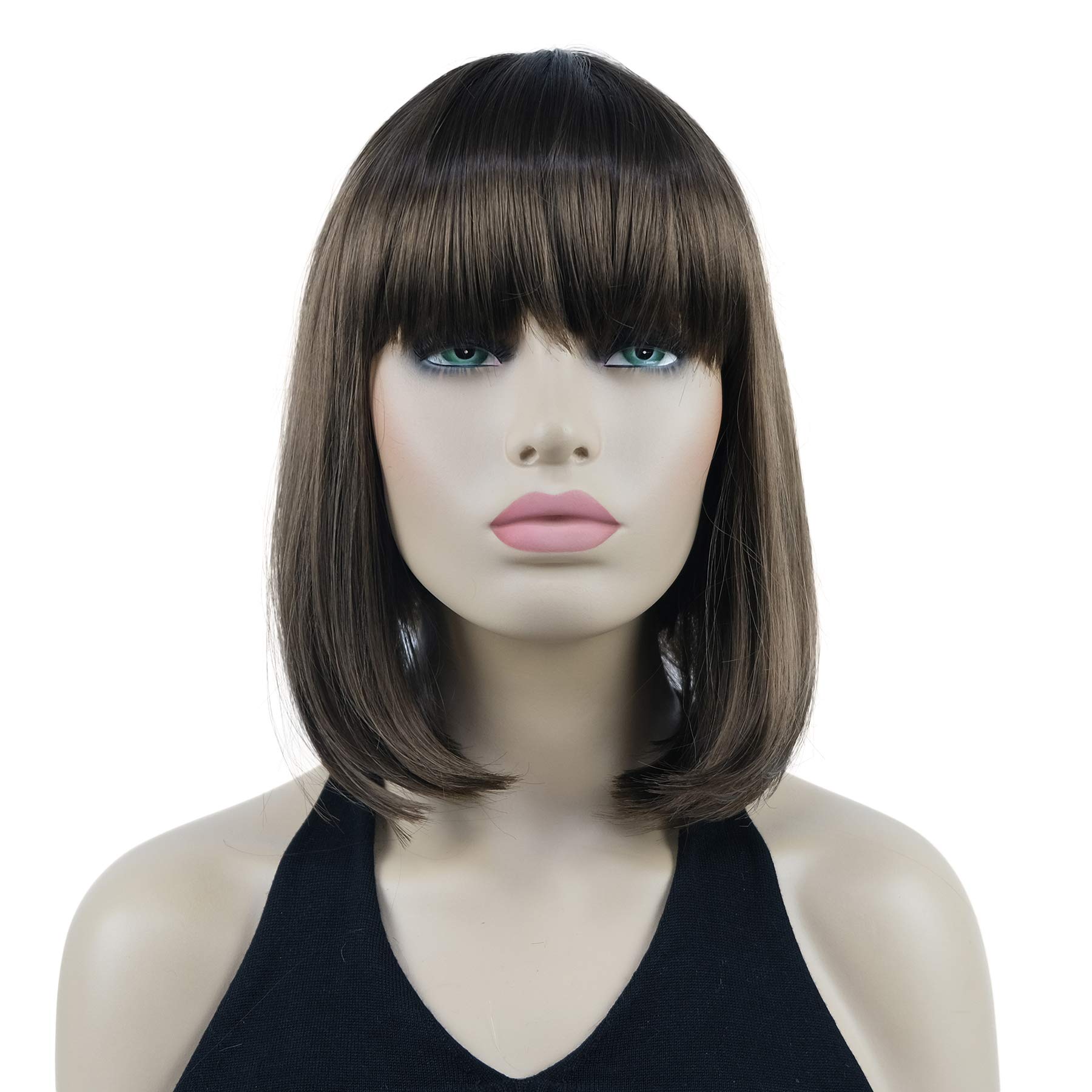 Lydell 10" Short Straight Bob Hair Wigs with Bangs Synthetic Hair Cute Wigs (10 Medium Golden Brown)