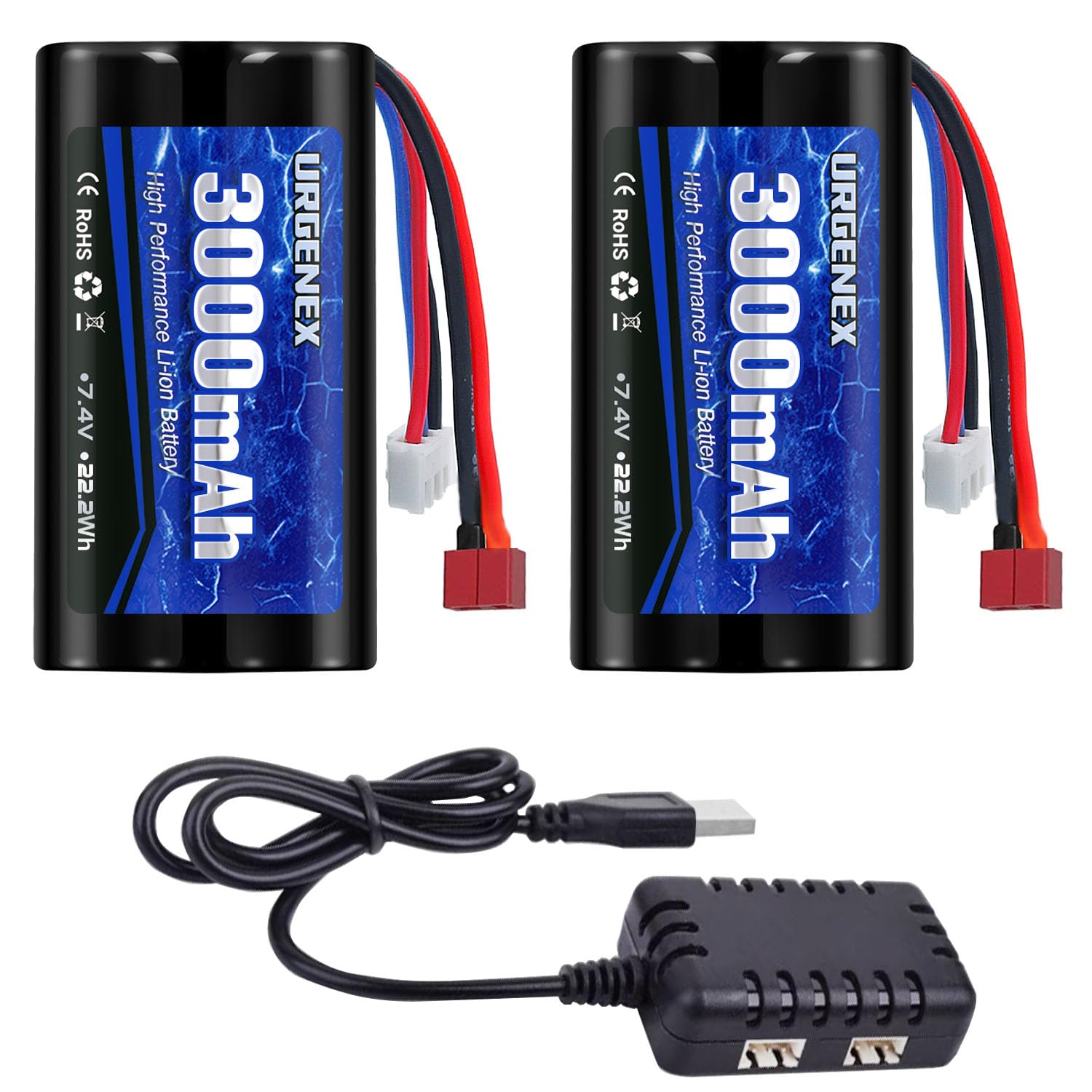 URGENEX 3000mAh 7.4 V Li-ion Battery with Deans T Plug 2S Rechargeable RC Battery Fit for WLtoys 4WD High Speed RC Cars and Most 1/10, 1/12, 1/16 Scale RC Cars Trucks with 7.4V Battery Charger