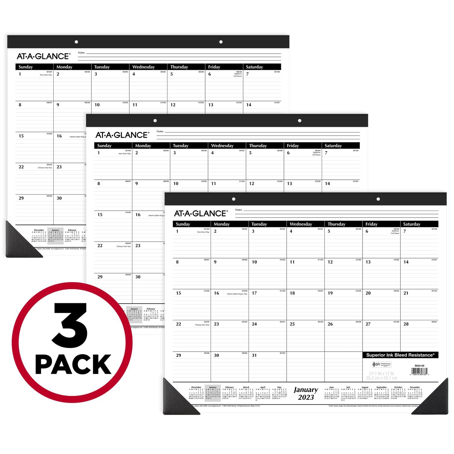 AT-A-GLANCE Desk Calendar 2023 Old Edition, Office Desk Pads, Monthly, 21-3/4" x 17", Large, Ruled Blocks, 3 Pack (AZSK2400)