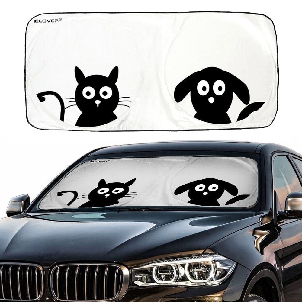 IC ICLOVER Car Windshield Sunshade with Pet Design, Cute Cartoon Design Front Auto Car Windshield Sun Shade Folding Silvering Sun Visor - UV Coating for UV Ray Deflector (59"x33")