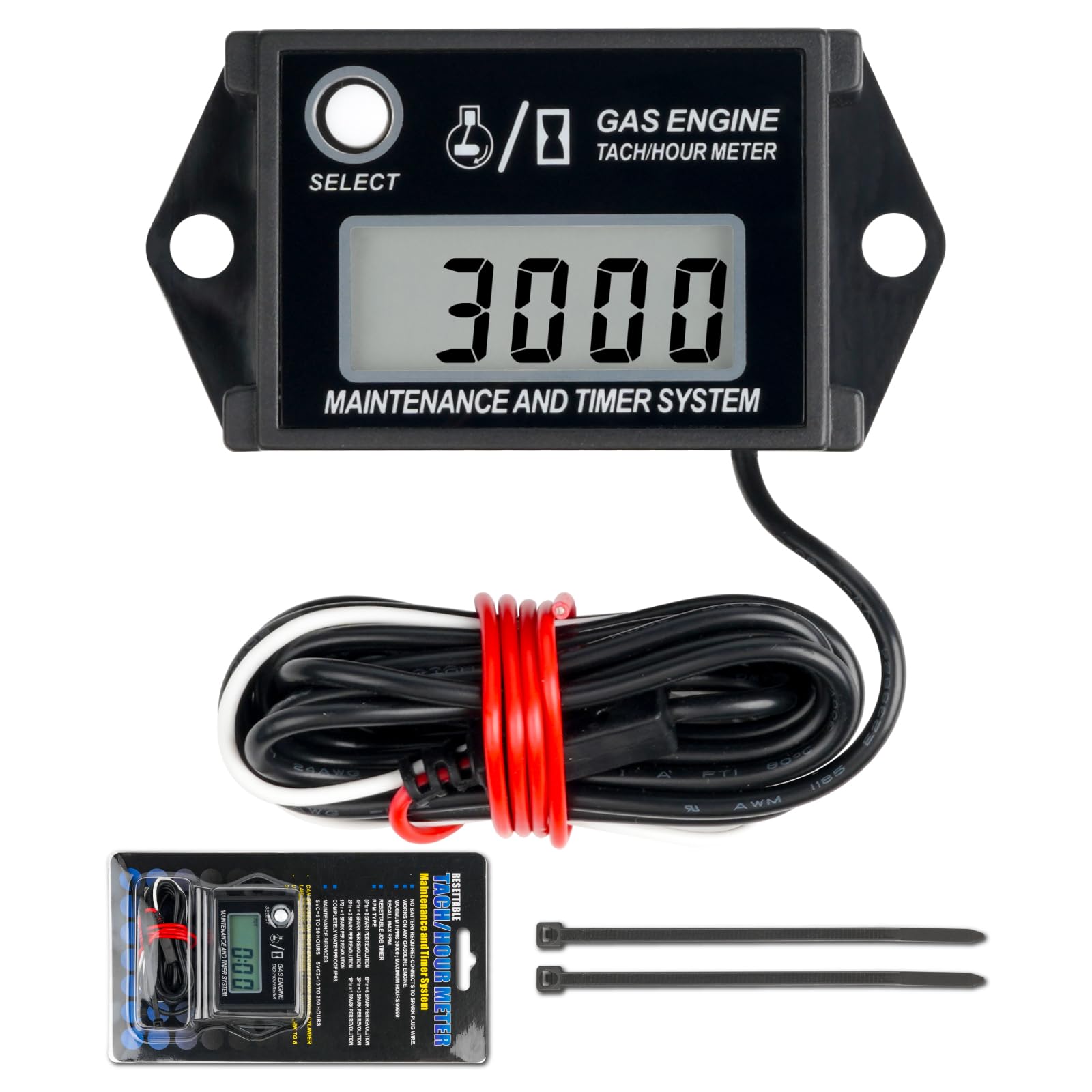 NInE-ROnG Inductive Tach/Hour Meter, IP68 Waterproof, No Battery Required, with Resettable Job Timer and SVC Maintenance Reminders for Motorcycle, ATV, Lawn Mower, Boat, and any Gasoline Engine