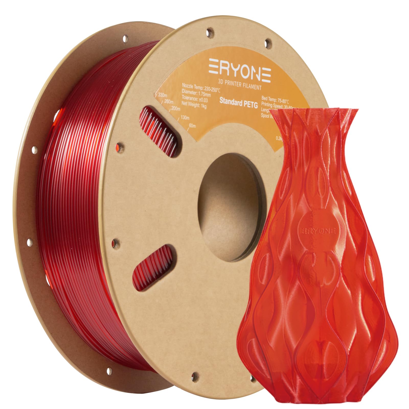 ERYONE PETG Filament 1,75 mm, 3D Printer Filament PETG, +/- 0,03 mm, 1 kg/Spool,Tranparent Red