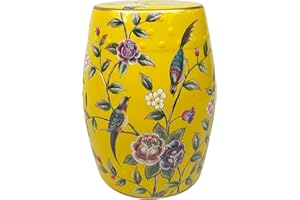 ONIPIG Hand-Painted Floral Bird Ceramic Drum Stool - Oriental Artistry Storage Ottoman, Accent Seat, End Table (Golden Fragrance)