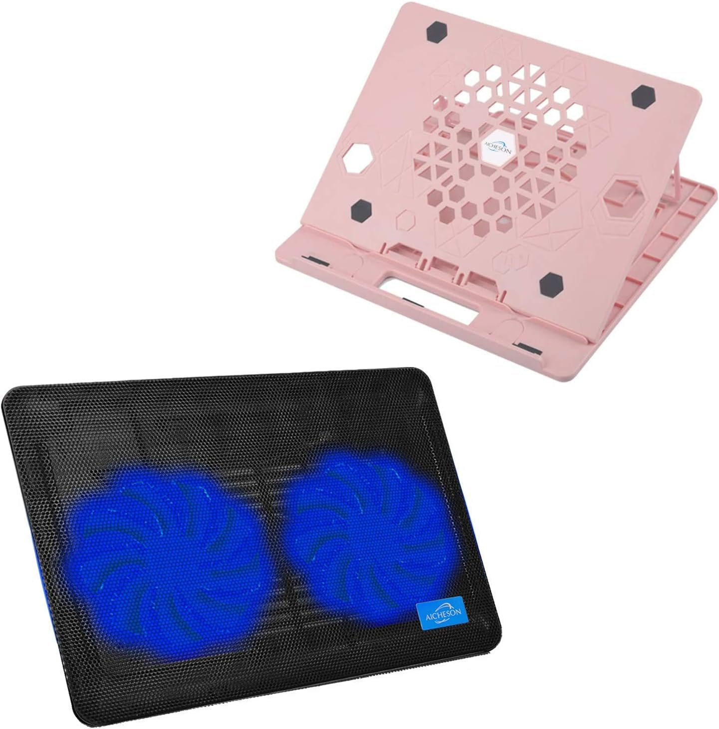 AICHESON X5 Pink Laptop Stand and 2 Fans Blue Laptop Cooling Pad Combination Set, Lightweight and Portable
